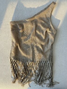 Y2K Champagne Gold One-Shoulder Fringe Knit Top Small